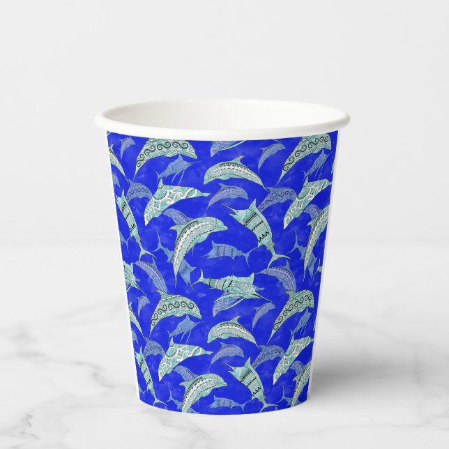 Ocean Blue Marine Animals Dolphins Marlins Paper Cups (Front)
