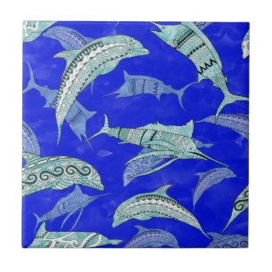 Ocean Blue Marine Animals Dolphins Marlins Tile