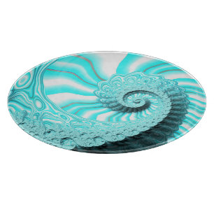 Ocean Blue Nautilus Shell Spiral Fractal Art Cutting Board
