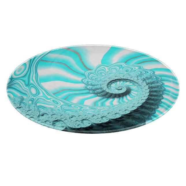 Ocean Blue Nautilus Shell Spiral Fractal Art Cutting Board (Corner)