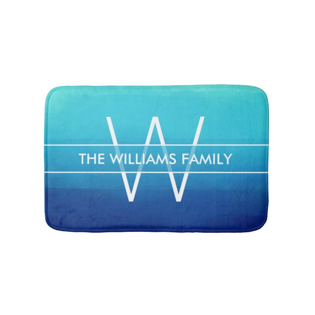Ocean Blue Ombre Family Name & Monogram Bath Mat (Front)