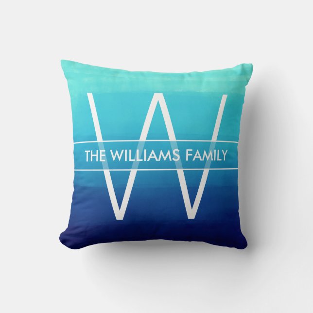 Ocean Blue Ombre Family Name & Monogram Throw Pillow (Front)