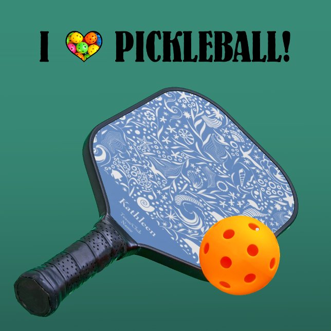 Ocean Blue Pattern + Monogram Add Your Name Pickleball Paddle (Creator Uploaded)