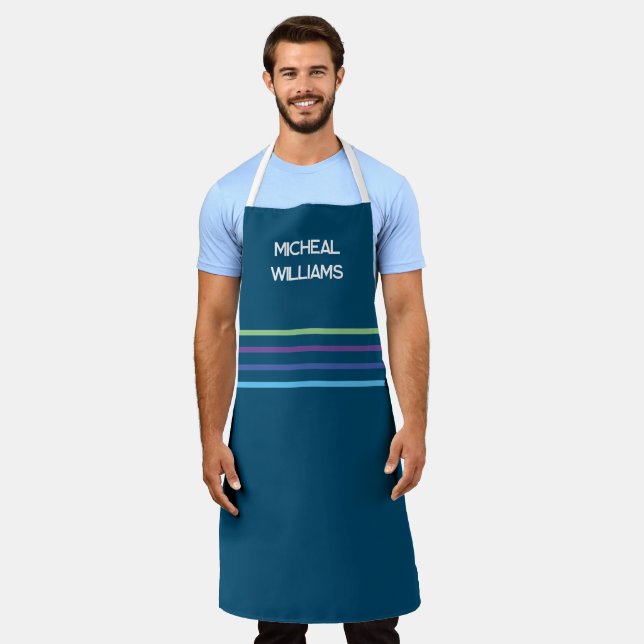Ocean Blue - Personalize, with colourful stripes Apron (Worn)