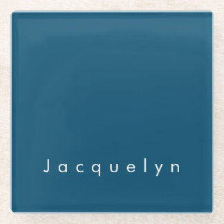 Ocean Blue Plain Elegant Modern Minimalist Name Glass Coaster