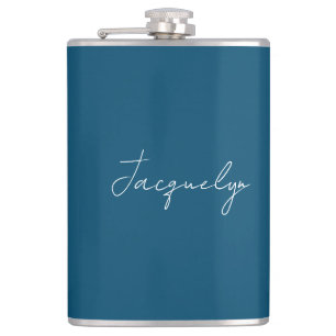 Ocean Blue Plain Elegant Modern Minimalist Name Hip Flask