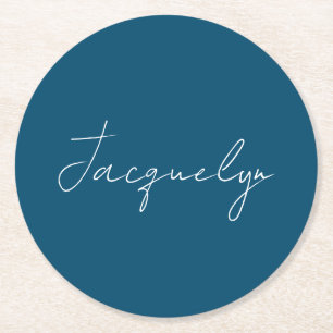 Ocean Blue Plain Elegant Modern Minimalist Name Round Paper Coaster