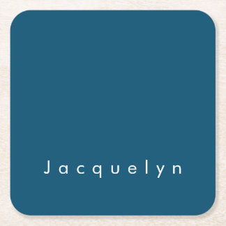 Ocean Blue Plain Elegant Modern Minimalist Name Square Paper Coaster