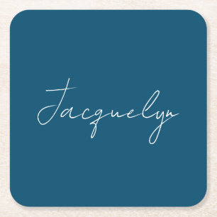 Ocean Blue Plain Elegant Modern Minimalist Name Square Paper Coaster