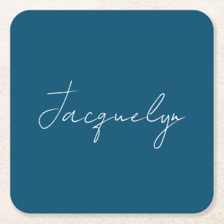Ocean Blue Plain Elegant Modern Minimalist Name Square Paper Coaster