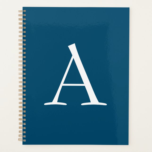 Ocean Blue Plain Elegant Modern Monogram Initial Planner (Front)