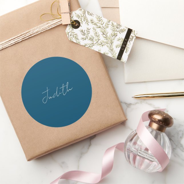 Ocean Blue Professional Calligraphy Add Name Classic Round Sticker (Gifting)
