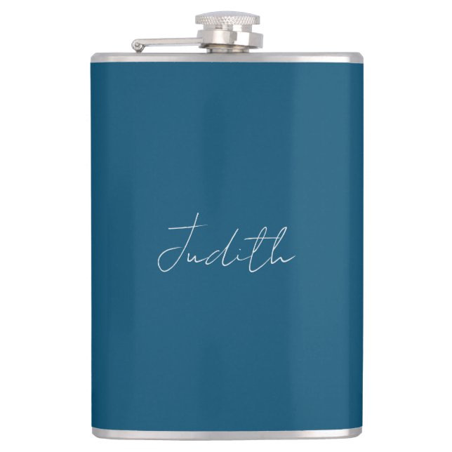 Ocean Blue Professional Calligraphy Add Name Hip Flask (Front)