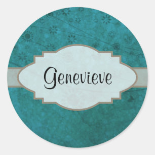 Ocean Blue Retro Floral Abstract Nameplate Classic Round Sticker