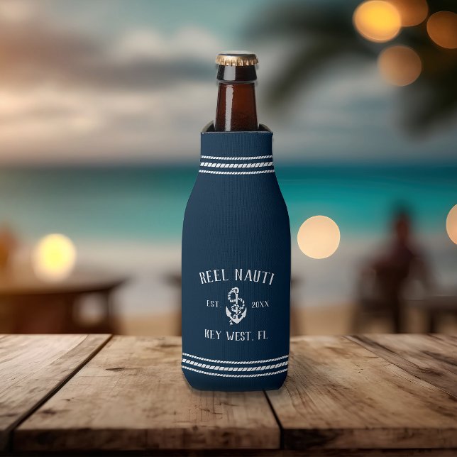 Ocean Blue Rustic Anchor Personalized Boat Name Bottle Cooler (Creator Uploaded)