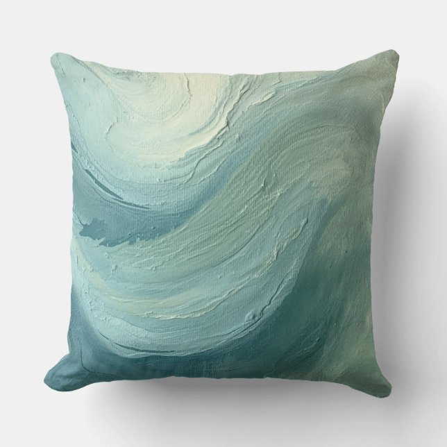 Ocean Blue Sage Green Modern Coastal Waves Print Throw Pillow (Front)