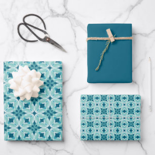 Ocean Blue, Sea Glass Green & White Tile Pattern Wrapping Paper Sheet