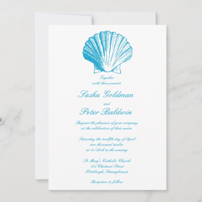 Ocean Blue Sea Shells Faire-part de mariage (Devant)