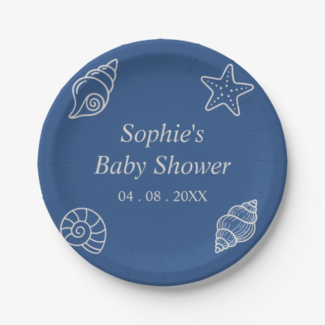 Ocean Blue Seashell Baby Shower Paper Plate (Front)