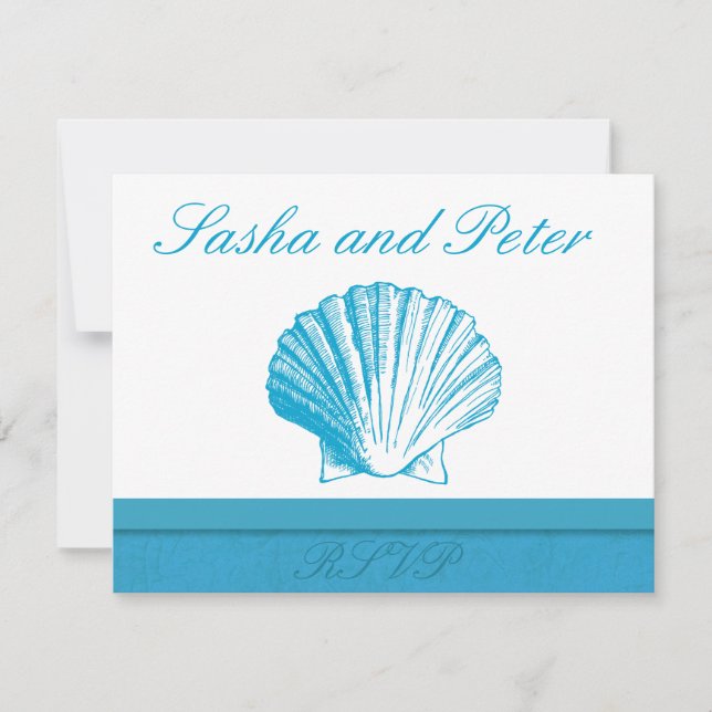 Ocean Blue Shell Beach Wedding RSVP Cards (Front)