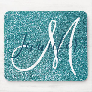Ocean Blue Teal Faux Glitter Personalized Monogram Mouse Pad