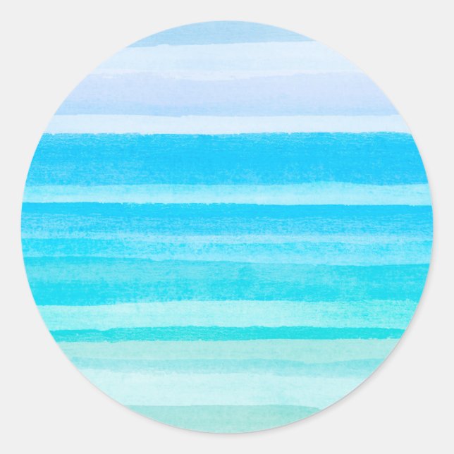 Ocean Blue Teal Watercolor Ombre Stripe Classic Round Sticker (Front)