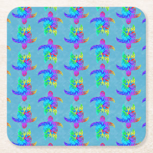 Ocean Blue Tie Dye Island Tribal Turtles Square Paper Coaster
