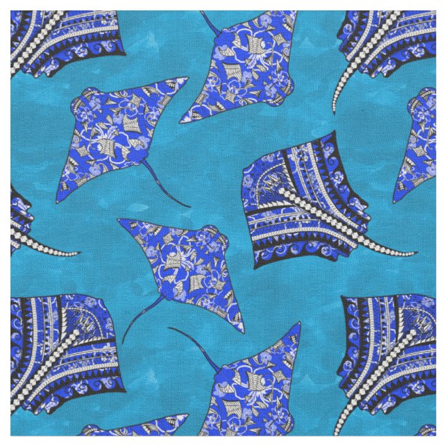 Ocean Blue Tribal Stingrays Fabric (Close Up)