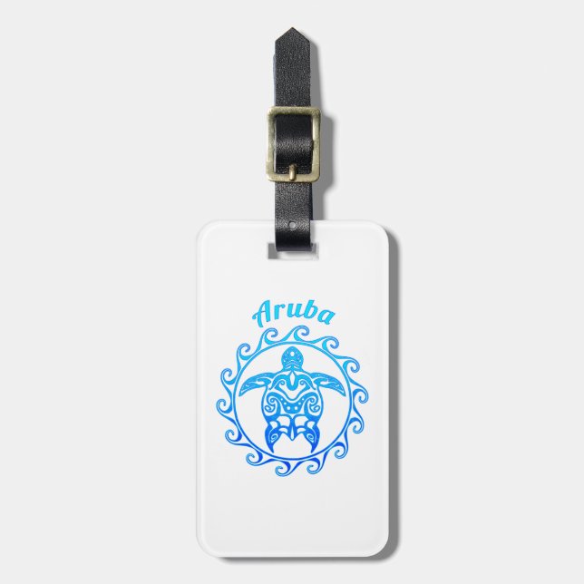 Ocean Blue Tribal Turtle Aruba Luggage Tag (Front Vertical)