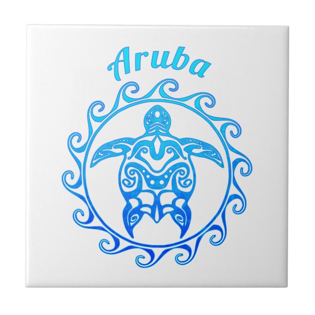 Ocean Blue Tribal Turtle Aruba Tile (Front)