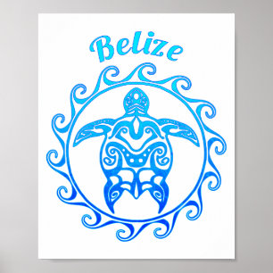 Ocean Blue Tribal Turtle Belize Poster