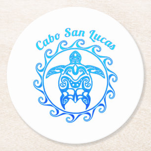 Ocean Blue Tribal Turtle Cabo San Lucas Round Paper Coaster