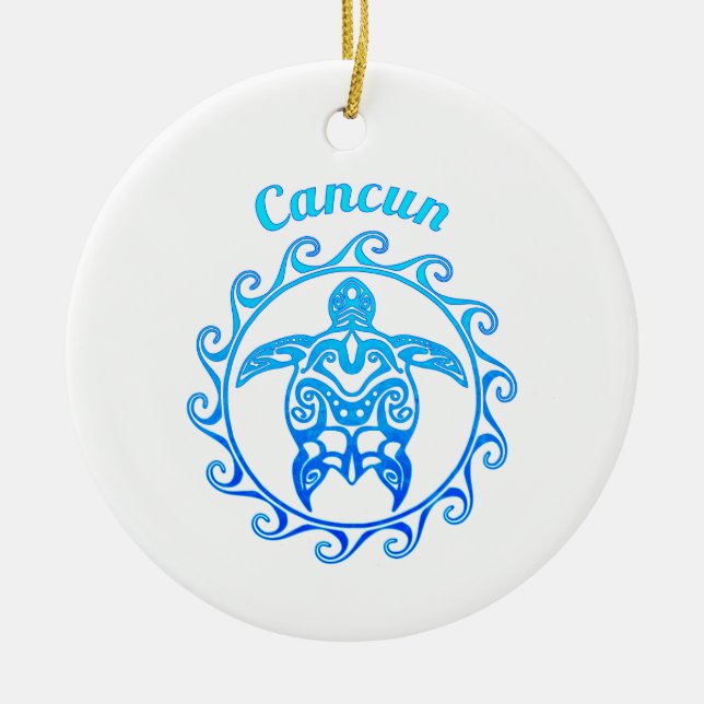 Ocean Blue Tribal Turtle Cancun Ceramic Ornament (Front)