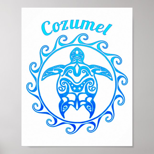 Ocean Blue Tribal Turtle Cozumel Poster (Front)