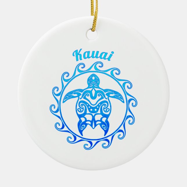 Ocean Blue Tribal Turtle Kauai Ceramic Ornament (Front)