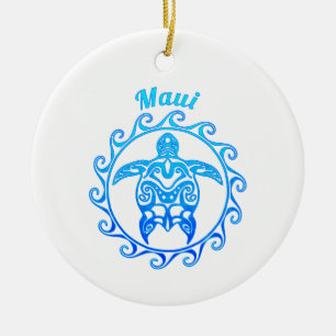 Ocean Blue Tribal Turtle Maui Ceramic Ornament