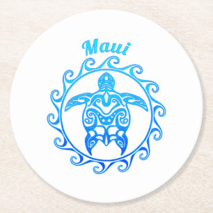 Ocean Blue Tribal Turtle Maui Round Paper Coaster