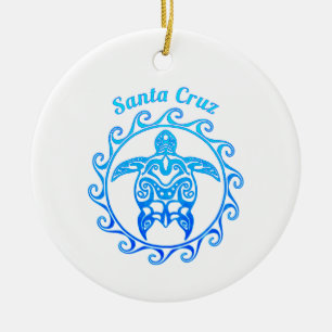 Ocean Blue Tribal Turtle Santa Cruz Ceramic Ornament