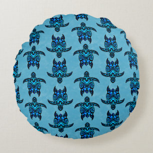 Ocean Blue Tribal Turtles Round Pillow