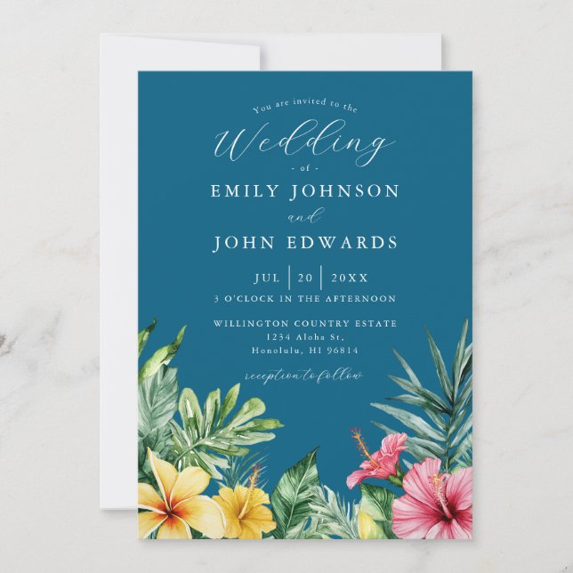 Ocean Blue Tropical Floral QR Code Wedding Invitation (Front)