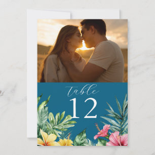 Ocean Blue Tropical Flowers Photo Table Number