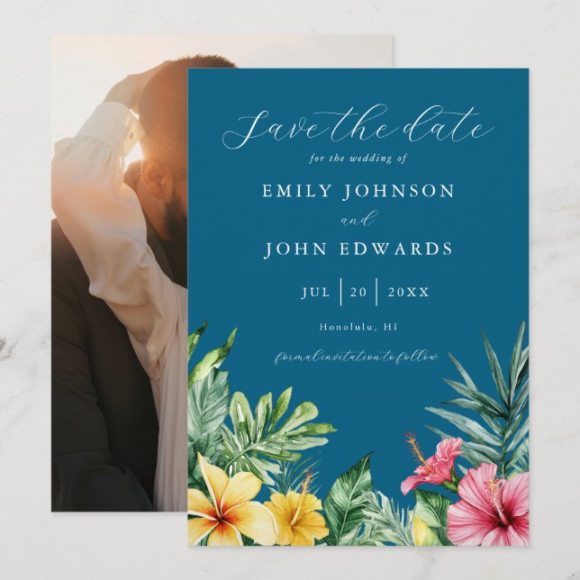 Ocean Blue Tropical Flowers Photo Wedding Save The Date (Front/Back)