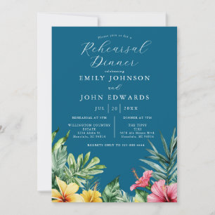 Ocean Blue Tropical Flowers Rehearsal Dinner Invitation