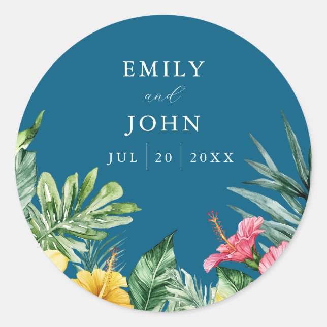 Ocean Blue Tropical Flowers Wedding Favour Classic Round Sticker (Front)