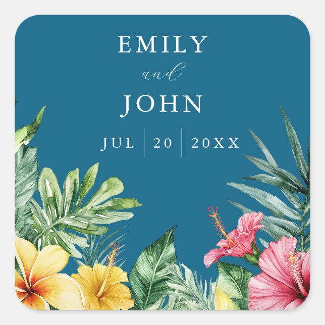 Ocean Blue Tropical Flowers Wedding Favour Square Sticker (Front)