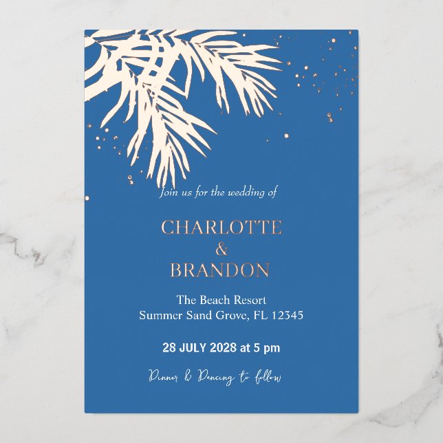 Ocean Blue Tropical Palm Leaves Wedding Gold (Front)