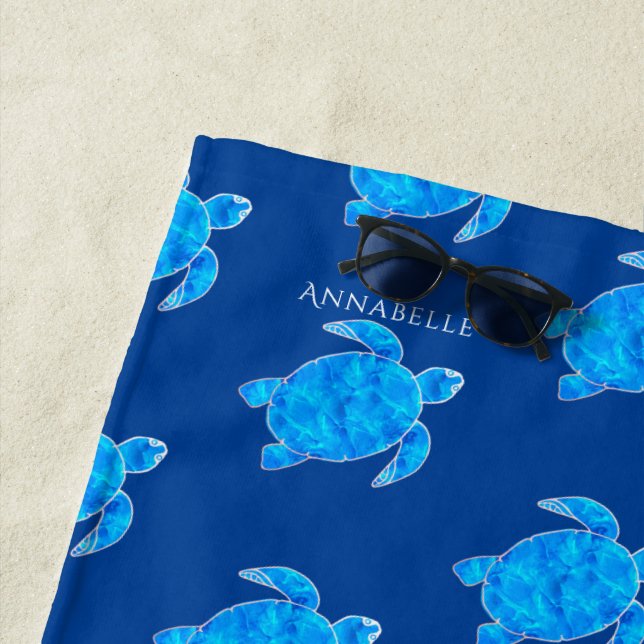 OCEAN BLUE TURTLE PATTERN /  BLUE / MONOGRAM BEACH TOWEL (In Situ)