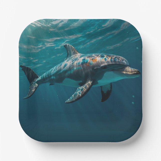 Ocean Blue Underwater Dolphin Portrait Paper Plate (Front)