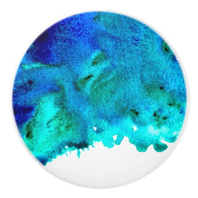 Ocean blue watercolor art beach vibe ceramic knob (Front)