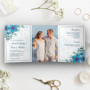 Ocean Blue Watercolor Floral Photo Wedding Tri-Fold Invitation